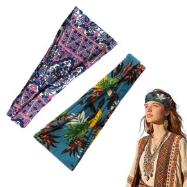 Hawaiian Bandana Wide Boho Headbands for Girls Women Non Slip Soft Cotton Boho Bandana Headbands for Girls Women Hawaiian Hair Accessories for Thin Short Hair Band for Makeup Face Wash Headband 2 Pcs