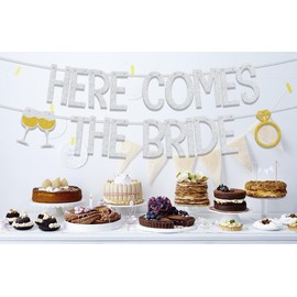 Here Comes The Bride Banner, decoraciones de despedida de soltera, decoraciones de fiesta de compromiso, suministros de decoración de despedida de soltera, plateado y dorado