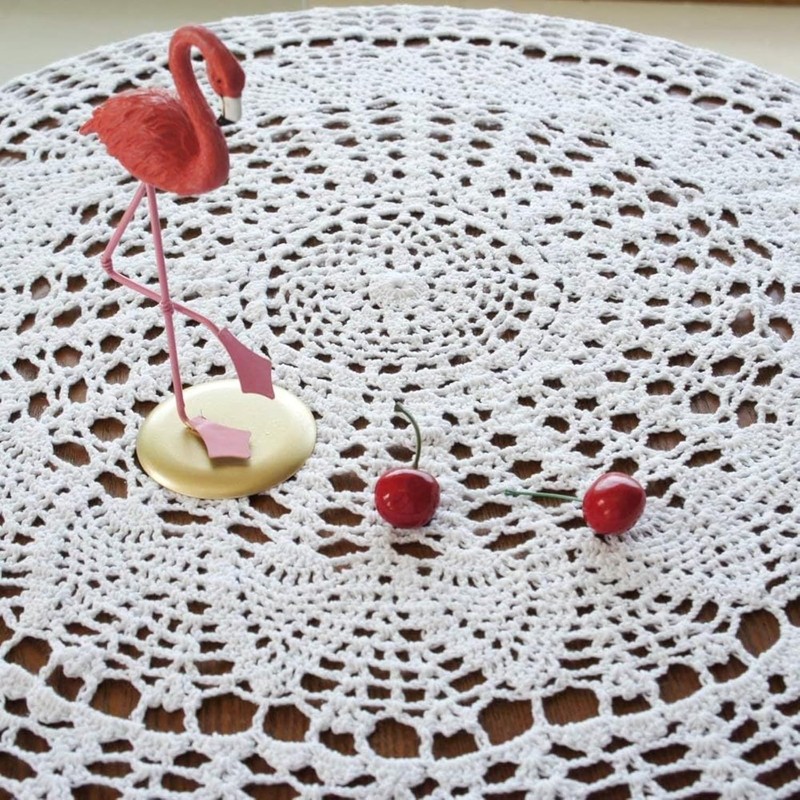 USTIDE 80cm White Round Handmade Crochet Sunflower Tablecloth Cotton Lace