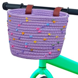 Mkuero Kids Bicycle Basket, Woven with Sisal Rope, Cute Decorative Accessory for Kids' Bikes, Balance Bikes, Scooters and Tricycles(Purple)