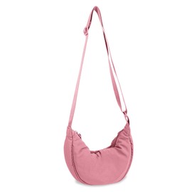 Nylon Crescent Crossbody Bag for Women Purses Trendy Men,Small Travel Sling Bag Hobo,Lightweight Fanny Pack with Zipper Adjustable Strap,Round Soft Shoulder Pouch Bag for Everyday Use Sport(Pink)