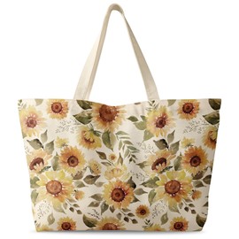 Miss Adola Large Tote Bag for Women - Canvas Tote Bag with Zipper Aesthetic Sunflower Cotton Cloth Reusable Big Shoulder Bag for Shopping, Gym, Travel, Work