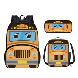 HUIACONG Cartoon School Bus Backpacks Set School Backpack with Lunch Box Pencil Case for Girls Boys Kids Bookbags Bookbags 3 PCS Set Knapsack