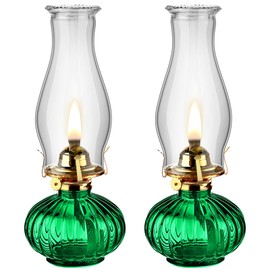 2 Set Chamber Oil Lamp Classic Kerosene Lamp Large Oil Glass Lantern Vintage Hurricane Lamp with Adjustable Fire Wick for Home Indoor Use Chimney Burner, 13 inch Heigh (Green)