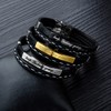 Rockyu Black Leather Bracelet for Men Silver Letters Engraved Silicone