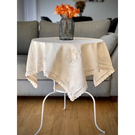 Secret Sea Collection Handmade Embroidered Small Size Tablecloth, Linen, Washable, Durable (36" x 36", Natural Linen) Ivory Beige