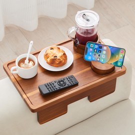 GEHE Couch Armrest Table Acacia Wood Sofa Arm Tray 15.4"x9.8" Large, 3 in 1 Couch Arm Tray Table wtih Removable Cup Holder and 360° Rotated Phone Holder, for Cups,Drinks,Snacks,Phone,Remote Control