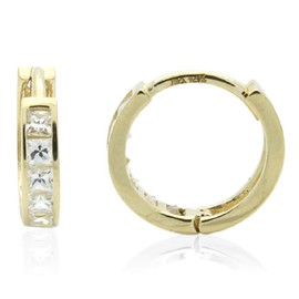 Solid 14K Gold Earrings Princess Cut Cubic Zirconia Channel Set Huggie Hoop Earrings