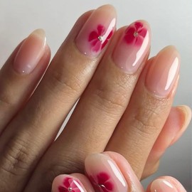 Short Press on Nails Almond Nails Pink Flower Press Ons with Design Cute Fake Nails Glossy Press on Nail Nude Pink False Nails Reusable Acrylic Nails for Women 24 Pcs
