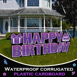 Large Happy Birthday Yard Sign with Stakes,Glow Purple Happy Birthday Decorations Outdoor Lawn Garden Signs with LED Lights for Men Women Boys Girls Birthday Party Supplies Decor Front Home