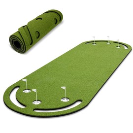Premium Alternating Golf Putting Green (About 11’x3’) Ambidextrous Real Feel Artificial Grass Synthetic Turf Practice Golf Mat with Bumpers, Hole Covers, and Shallow Golf Cups with Flags.(Rounded)