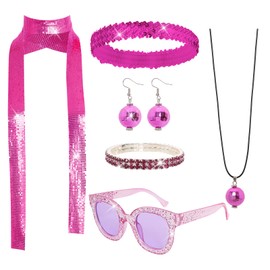 6 Pcs 70s Disco Accessories Women Disco Costume Jewelry Disco Sequin Scarf Headband Diamond Bracelet Ball Necklace Earring Glasses