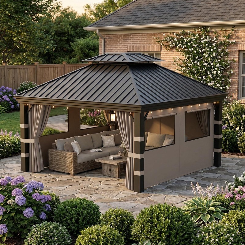 10x12 Gazebo Curtains Outdoor Waterproof, 4 Privacy Side Panels(Brown)