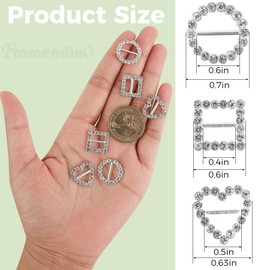 Framendino, 30 Pack Crystal Rhinestone Ribbon Buckles Sliders for Clothing Decoration Heart Square Round Silver