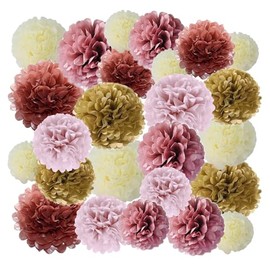 ESUOHYM 25 PCS Paper Flowers Tissue Paper Pom Poms Gold, Rose Gold, Blush Pink, Dusty Pink, Cream Paper Flower Balls for Party Decorations, Christmas, Birthday