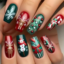 Christmas Press on Nails Medium Square SWEKKE Green Red Fake Nails Winter False Nails with Designs Reindeer Snowman Snowflake Xmas Tree Glossy Glue on Nails Xmas Acrylic Nails for Women Girls 24 Pcs