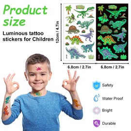 Aomig Children's Tattoos Set, 10 Sheets Temporary Tattoos, Glow in the Dark Tattoo for Girls Boys Skin-Friendly Temporary Children's Tattoos, Dinosaur Temporary Tattoos Stickers for Birthday Party