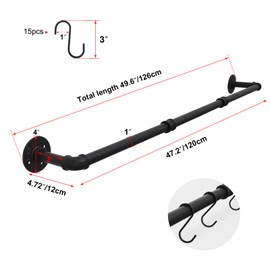 TLBTEK 50 inch Black Pipe Pot Bar Rack Wall Mounted Detachable Pans Hanging Rail Kitchen Lids Utensils Hanger Holders with 15 S Hooks