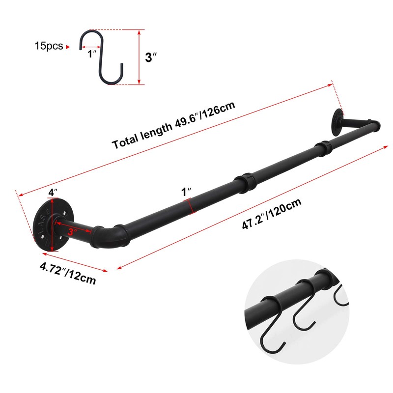 TLBTEK 50 inch Black Pipe Pot Bar Rack Wall Mounted