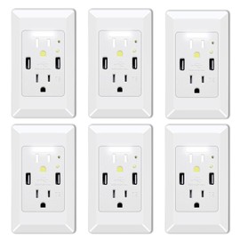 Wall Outlet with Night Light, GreenCycle 15 Amp USB Ports Electrical Receptacle, Included Outlets Cover with Nightlight, Auto Sensor LED Sockets Cover Plate, 4.2A High Speed Receptacle(6 Pack)