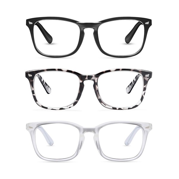 anteojos de lectura con bloqueo de luz azul para mujeres y hombres, elegantes anteojos de lectura por computadora, 3 Pack Negro+Leopardo+Transparente