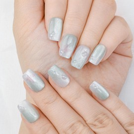 SETHEXY Ultra Short Ballet Nails Press-On False Nails Cat Eye Artificial Nails Trapezoidal Shape Stick On Nails Pack of 10 False Nails Designed for Women and Girls (Green 1, L)