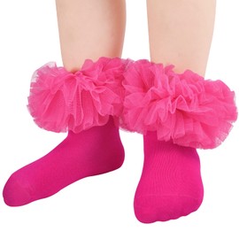 Mini angel Girls Ruffle Socks Frilly Dress Socks Kids Lace Tutu Socks for Toddler Little Girls 2-4 Years, 2 Pack (White, Hot Pink, S)