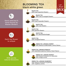 Creano Tea 18pcs Flowers Gift Set Blooming Tea - In a Noble Magnetic Box with Window & Silver Embossing- 18x White, Green & Black Tea