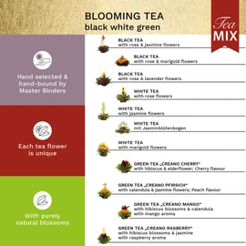 Creano Tea 18pcs Flowers Gift Set Blooming Tea - In a Noble Magnetic Box with Window & Silver Embossing- 18x White, Green & Black Tea
