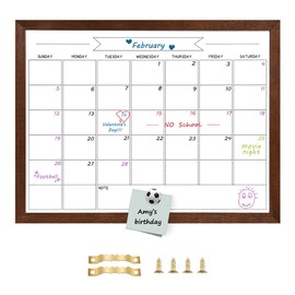 Dry Erase Monthly Calendar Whiteboard, Magnetic Whiteboard for Wall, Hanging Board for Office, Home School, Solid Pine Wood Walnut Brown Framed Message Board, 13"x 17"(YL-WB-3343-B)