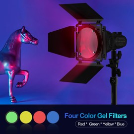 WELLMAKING (puerta de granero) Puerta de granero con rejilla de panal y 4 filtros de gel de color (rojo, naranja, azul verde) para cualquier luz LED, diseñado con soporte Bowens en la parte posterior