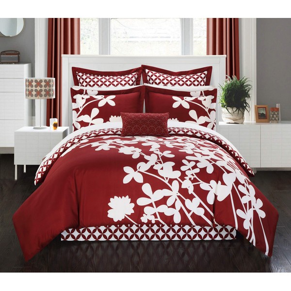 Chic Home 7 Piece Iris Reversible Large Scale Comforter Set Red, King