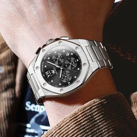 OLEVS Watches for Men Analog Quartz Waterproof Two Tone Luxury Silver Stainless Steel Dress Black Big Face Chronograph Business Casual Diamond Roman Numerals Luminous Montre Homme with Date