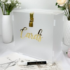 FCDECOR 10" Acrylic Wedding Card Box with Lock, Frosted Card Box for Wedding Reception, HoneyMoon Fund Box Money Box for Bridal Shower Decorations Party Reception Anniversary