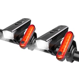 KunHe 2 Pack 300 Lumens 1600 Amh Bike Light Set Rechargeable Front & Rear Bicycle Lights with Auto Dimming IPX4 Waterproof 5 Modes for Cycling