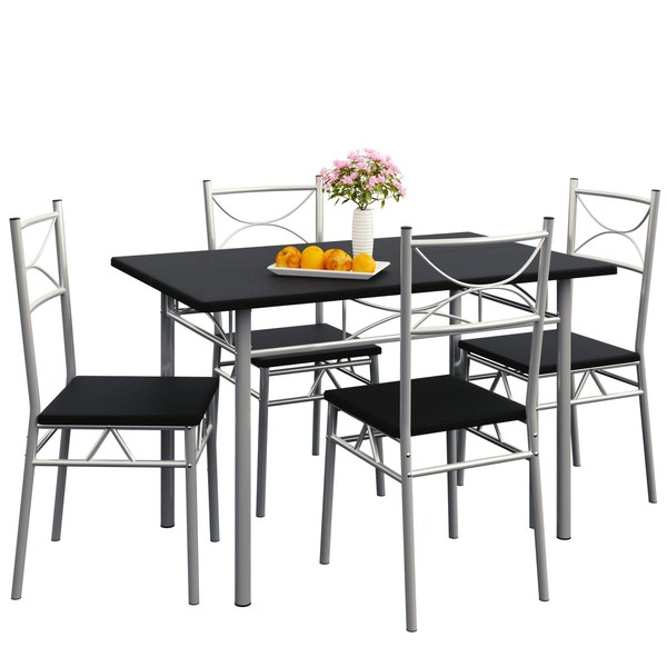 CASARIA® 5 Pcs Dining Table and 4 Chairs | Small Kitchen Breakfast Furniture Set | Compact Modern Contemporary Rectangular Dining Set | Black & Silver