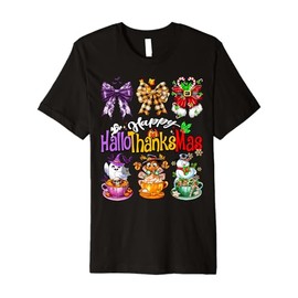 Happy Hallothanksmas Coquette Bow Coffee Latte Candy Cane Premium T-Shirt