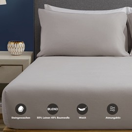 DAPU Fitted Sheet Half Linen, 100 x 200 cm Bed Sheet with 30 cm Deep Pocket for Mattress, Soft Breathable Linen Cotton Fitted Sheet, High Mattress Cover, Grey