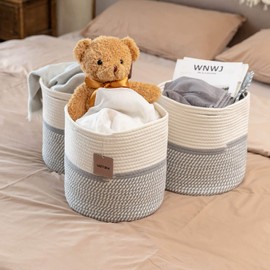 voten Cotton Rope Storage Basket Bins Round Storage Cube Organizer Basket Foldable Decorative Woven Basket with Handles for Laundry,Clothes,Toys,Books,Towels,Nursery(11x11x11,Mix Grey,3 Pack)