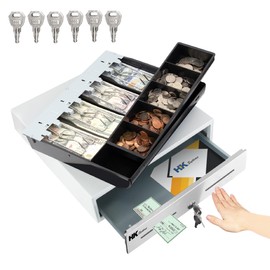 HK SYSTEMS 13inch Heavy Duty Manual Push-Open Cash Drawer with 4Bill/5Coin, Removable Till, "Stainless Steel Front" with Single Large Media Slot,White