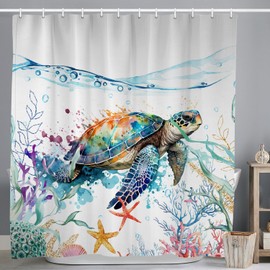ASDCXZ Maritime Shower Curtain 180 x 200 cm, Watercolour Blue Sea Creatures Turtle Starfish Nautical Colourful Bathroom Washable Shower Curtains Polyester Textile Waterproof Bath Curtain for Bath with 12 Hooks