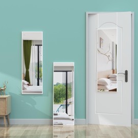 ANYHI Over The Door Mirror, 42"x14" Full Length Mirror for Wall Mirror, 2 Hooks, Aluminum Frame, for Bedromm Bathroom, White