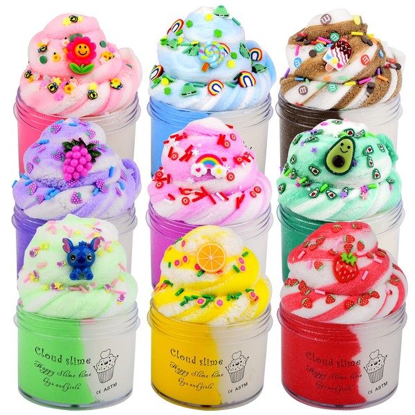 9 Pack Fluffy Cloud Slime Kit, with Rainbow, Grape, Strawberry,