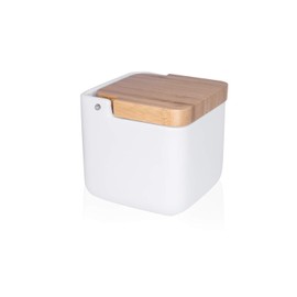 KOOK TIME Kitchen salt pot with lid | Ceramic salt pigs for kitchen with natural bamboo lid, perfect for coarse, fine or maldon salt or spices or sugar | Shiny White Salt Pig | 11.5 x 11.5 x 11.5 cm.