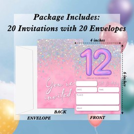 Gsauto Birthday Invitations Girl, 20 Pink and Glitter Invitation Cards with Envelopes, Rainbow Foil 12th Invites for Party Decorations Favor Supplies - C12