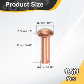 sourcing map 150 Pcs Copper Solid Rivets, 0.16"x0.47" Half Round Head Rivet Metal Fasteners for Electrical Applications, Leather DIY Craft Supplies (M4x12)