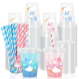 JarThenaAMCS 50Pcs One Silly Goose Disposable Plastic Cups with Lids and Straws 12Oz Pink Blue Goose Cold Beverage Drinking Cups for Girls Boys Gender Reveal Baby Shower