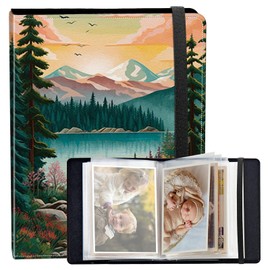 BREIDMKFM Photo Album 4x6 120 Photos Small Capacity PU Leather Cover, Lake Surrounded by Trees Mini Photo Album 4x6 with Elastic band, Birthday Christmas Photo Albums Wedding Anniversary