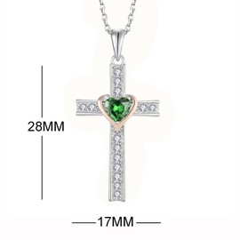 Aprila Women Necklace 925 Sterling Silver Heart Cross Pendant Necklace with Cubic Zirconia May Birthstone Emerald Color Jewelry