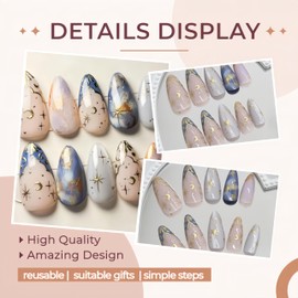 Quezadyl 24Pcs Gold Star Press on Nails, Medium Almond Glossy Fake Nails with Marble Gilding Design, Full Cover Artificial Glue on Nails, Cute Bohemian French Stick on Nails for Women, DIY Manicure